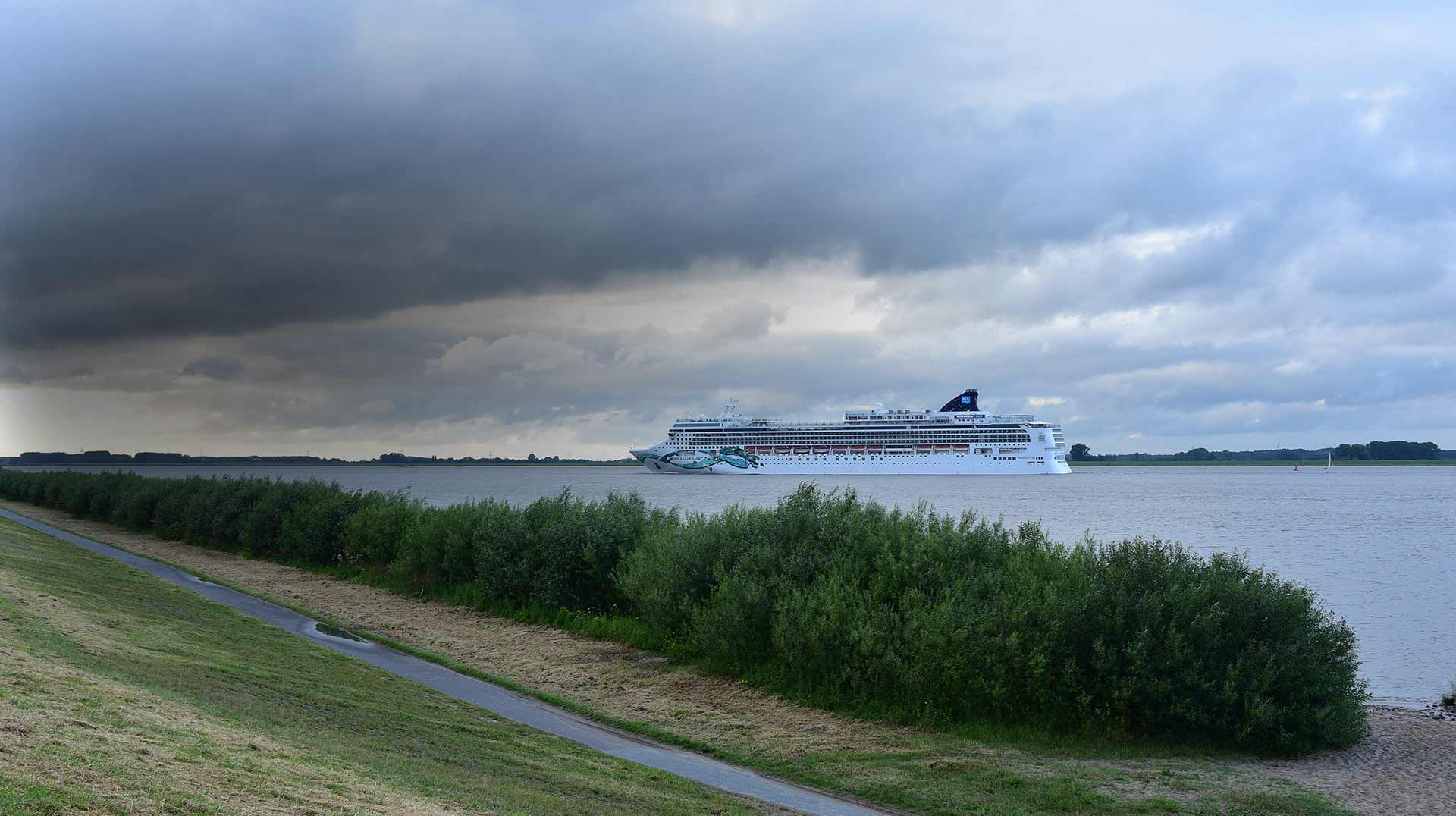 Kreuzfahrtschiff auf der Elbe bei Jork